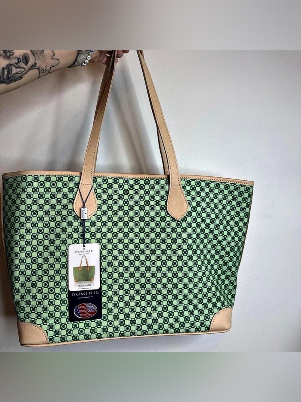 Dominie The Isabella Tote Green & Tan Geometric NWT